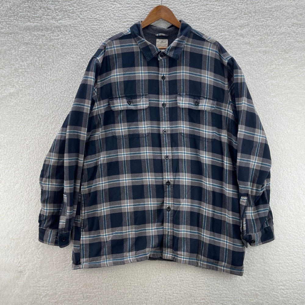 LL Bean Shirt Mens 2XLT Blue Fleece Lined Flannel Shacket Outdoor Granola Gorp